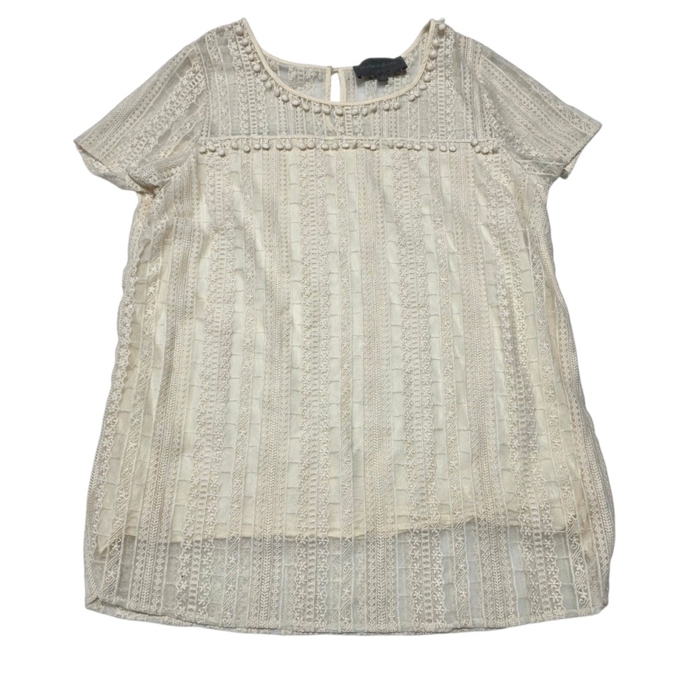 Sunday in Brooklyn Lace Top Womens Large Ivory Pom Pom Trim Sheer Short Sleeve